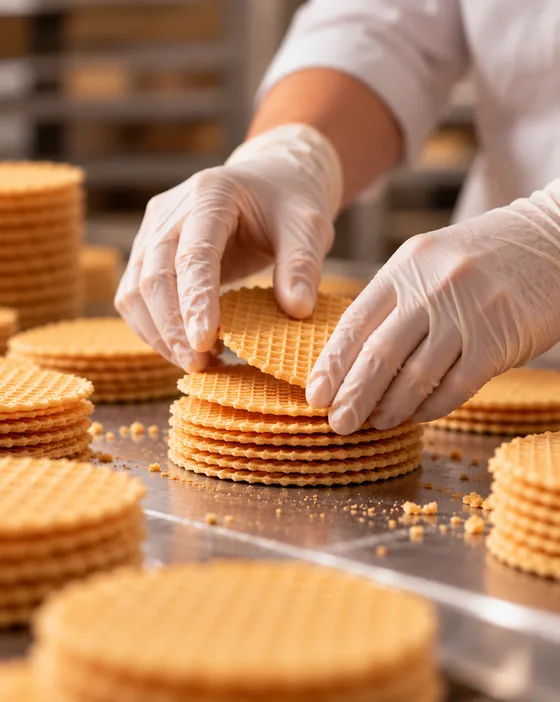 Ręce w rękawiczkach układające wafle w stos
